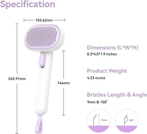 Handheld grooming brush with specifications on a white background at Pet Servo