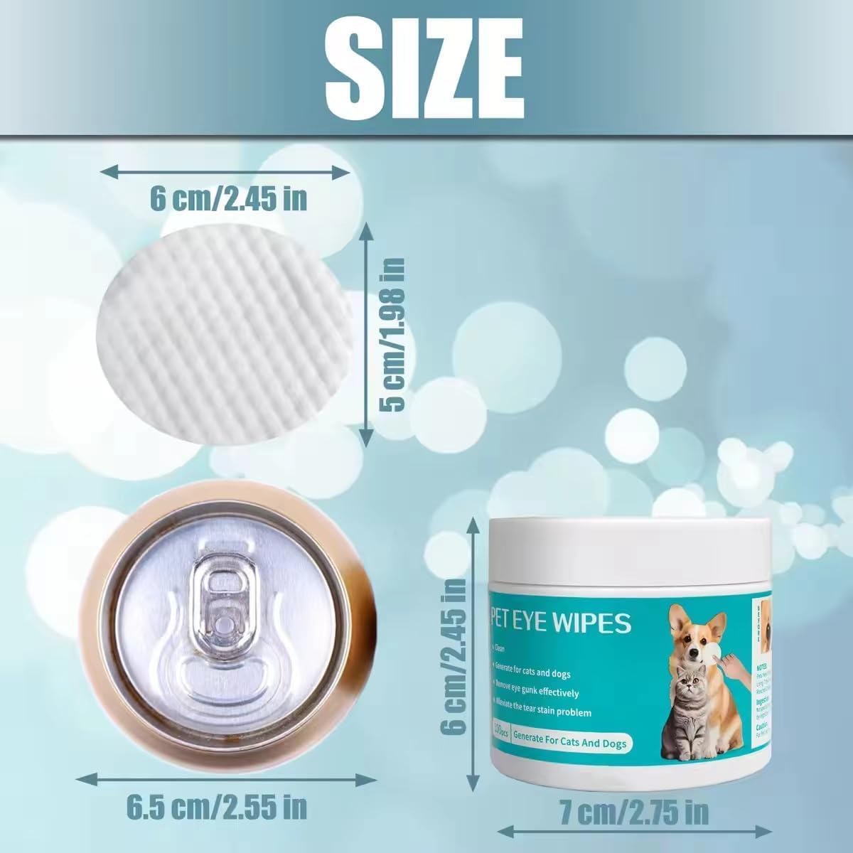 Product size diagram for pet eye wipes showing the container dimensions and a close-up of the wipe texture, with measurements labeled in centimeters and inches on a light blue background at Pet Servo