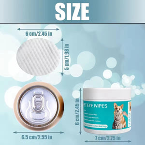 Product size diagram for pet eye wipes showing the container dimensions and a close-up of the wipe texture, with measurements labeled in centimeters and inches on a light blue background at Pet Servo