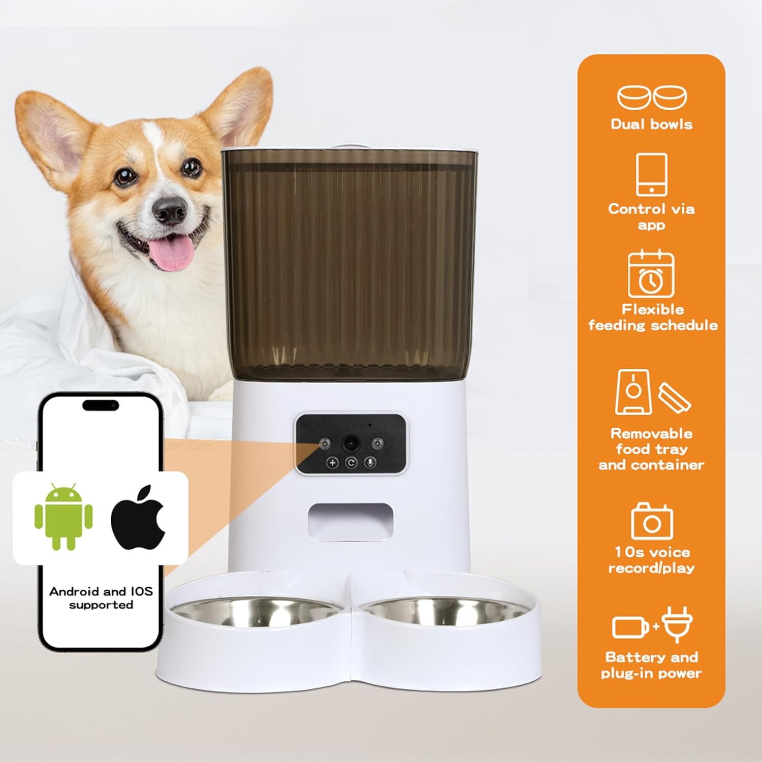 Pet feeder with dual bowls, smartphone app support, and features listed on an orange panel at Pet Servo