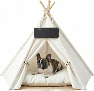 Pet teepee with a dog inside on a white background at Pet Servo