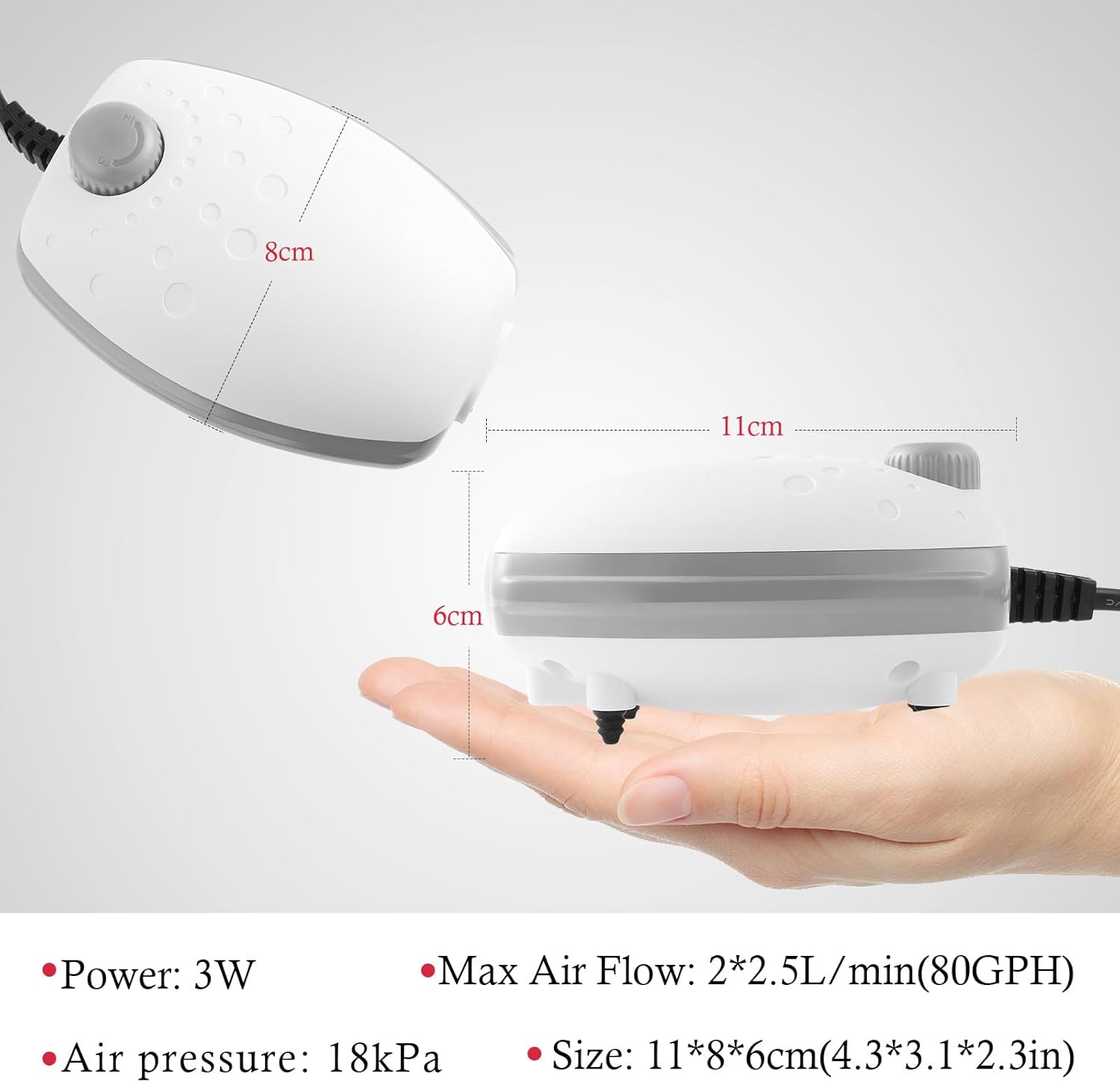 Small white air pump held in a hand with dimensions and specifications displayed at Pet Servo