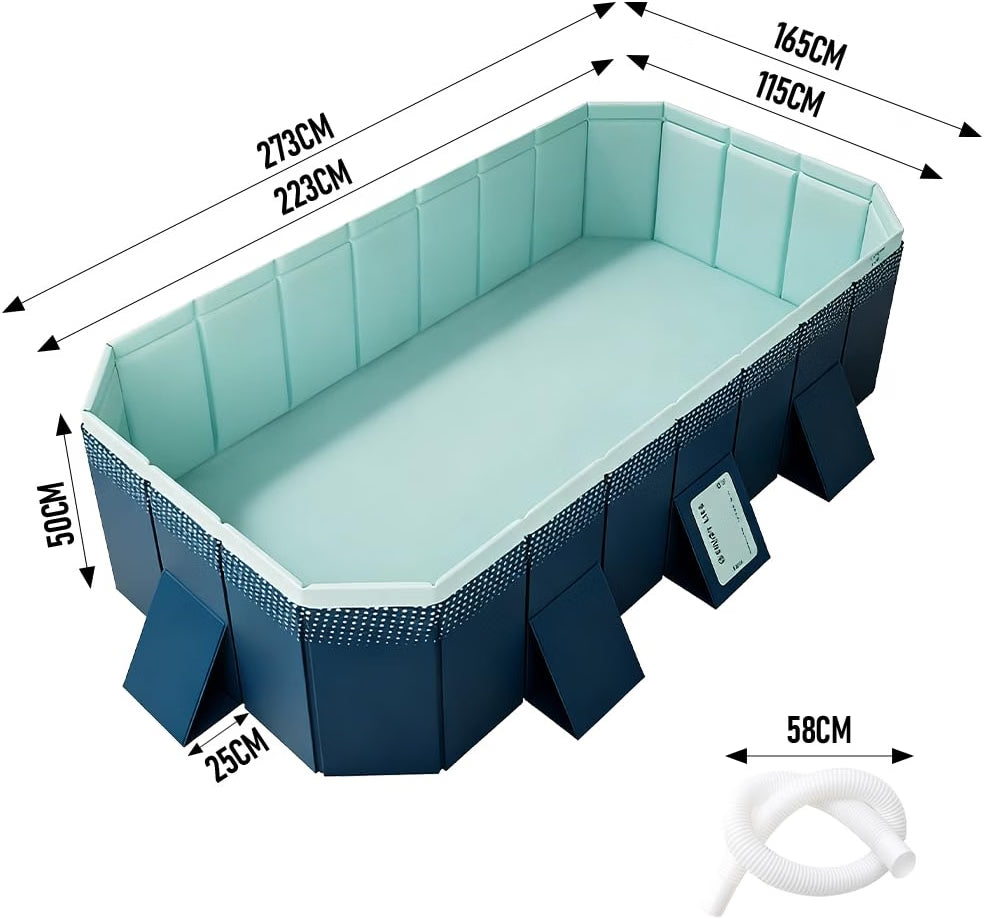Rectangular inflatable pool with dimension labels showing 2775 cm by 1150 cm by 500 cm, plus a white hose inset and measurement arrows on a white background.