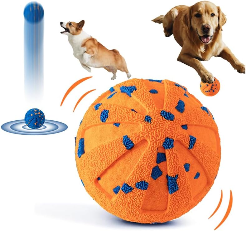 Orange dog toy with blue accents on a white background, surrounded by images of dogs playing at Pet Servo