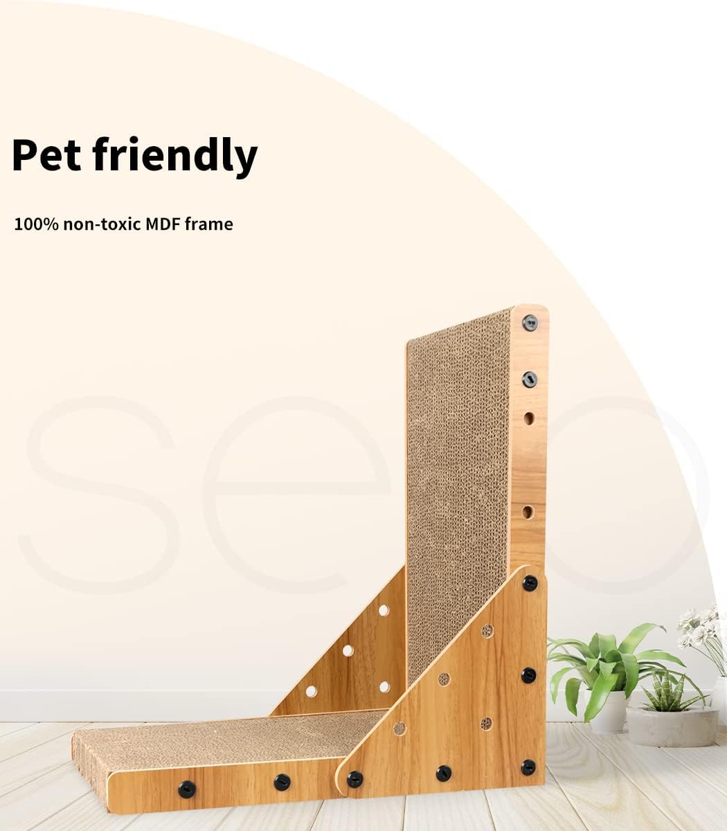 A wooden cat scratching post with a natural MDF frame and sisal-wrapped scratching panels, shown on a light wood floor against a cream background with 'Pet friendly' text and a small potted plant at Pet Servo