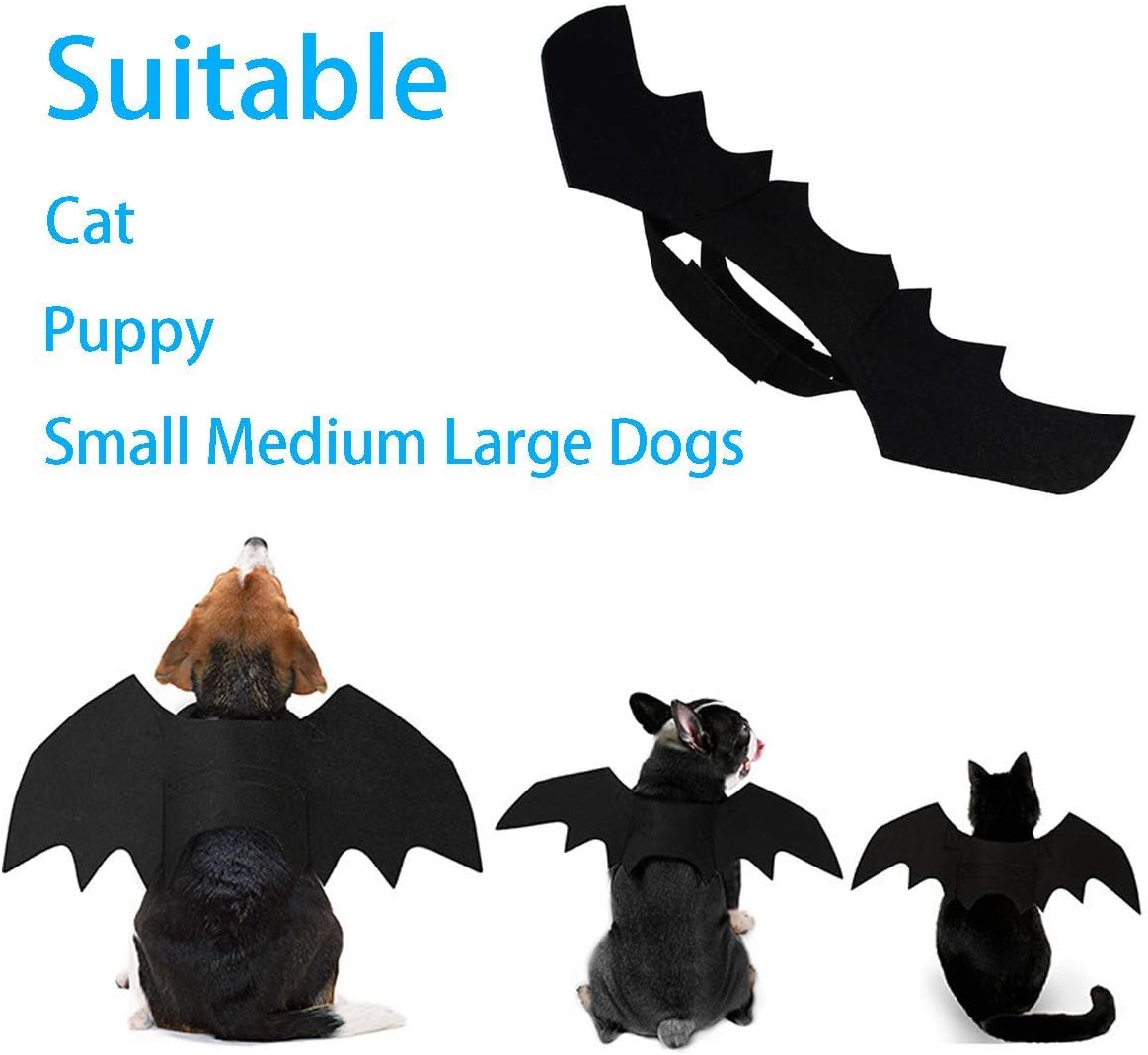 Black bat-wing pet costume shown on a white background with text reading 'Suitable Cat Puppy Small Medium-Large Dogs' and three small animal photos wearing the costume from the back at Pet Servo
