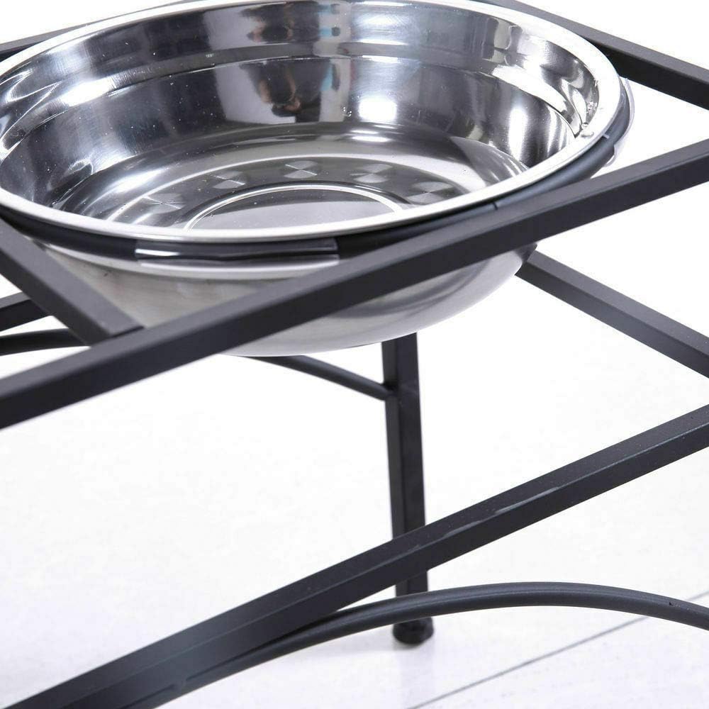 Stainless steel dog bowl on a black metal stand against a white background at Pet Servo