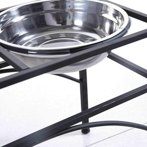 Stainless steel dog bowl on a black metal stand against a white background at Pet Servo
