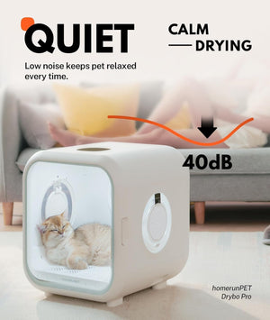 Pet dryer with text highlighting quiet operation and calm drying, featuring a cat inside.