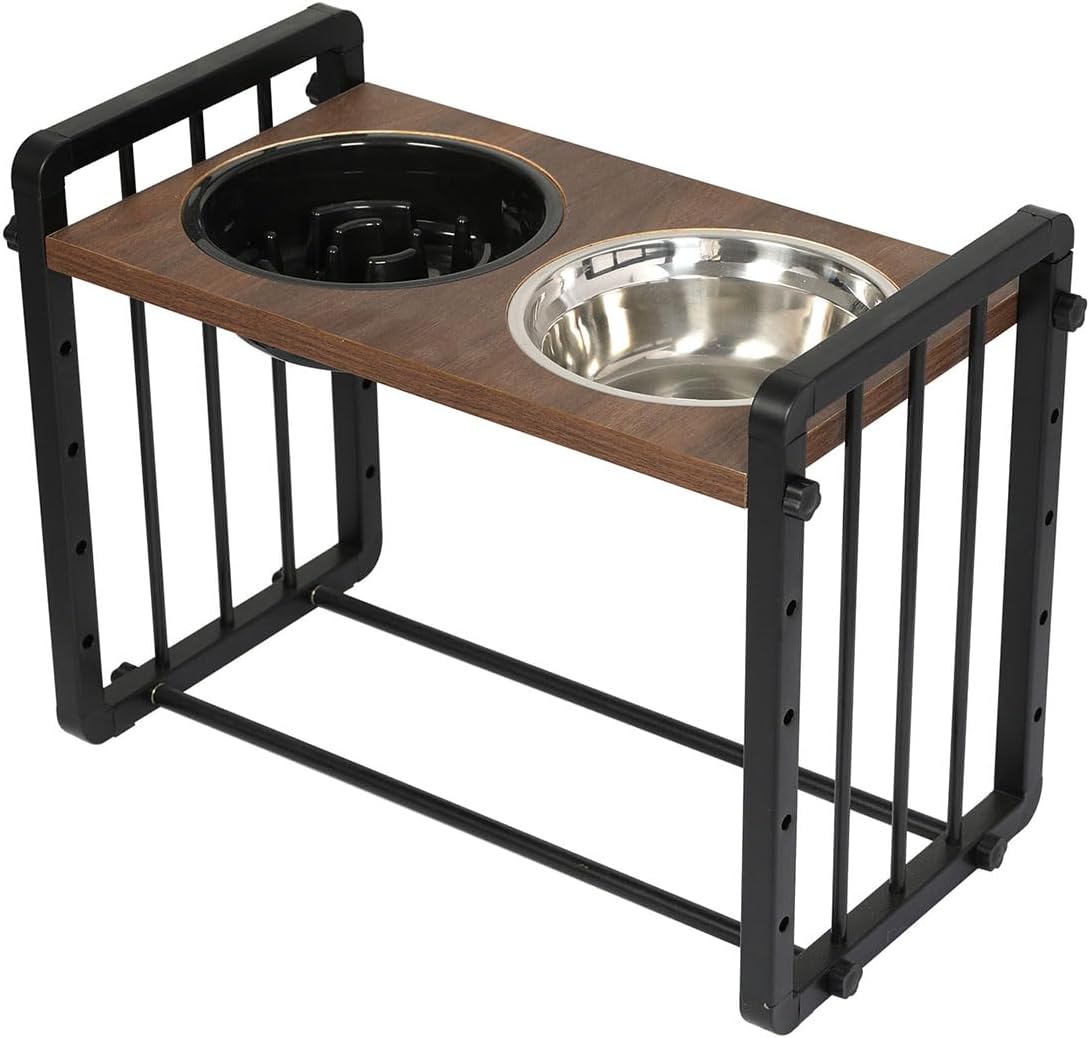 An elevated pet feeder and waterer stand with a brown wood-grain top plate and a black metal frame. It features one black bowl and one stainless steel bowl on a white background at Pet Servo