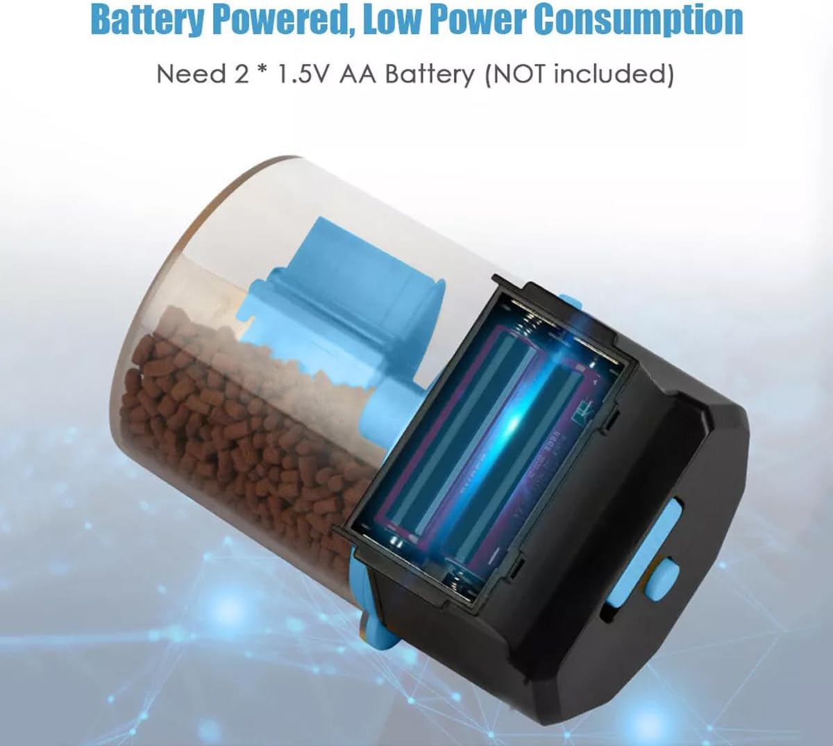 Pet food dispenser with battery compartment on a light blue background at Pet Servo