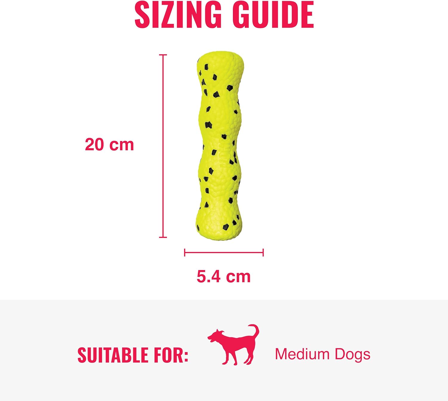 A yellow textured dog toy with black spots is shown on a white background with red measurement lines indicating 20 cm height and 5.4 cm width at Pet Servo