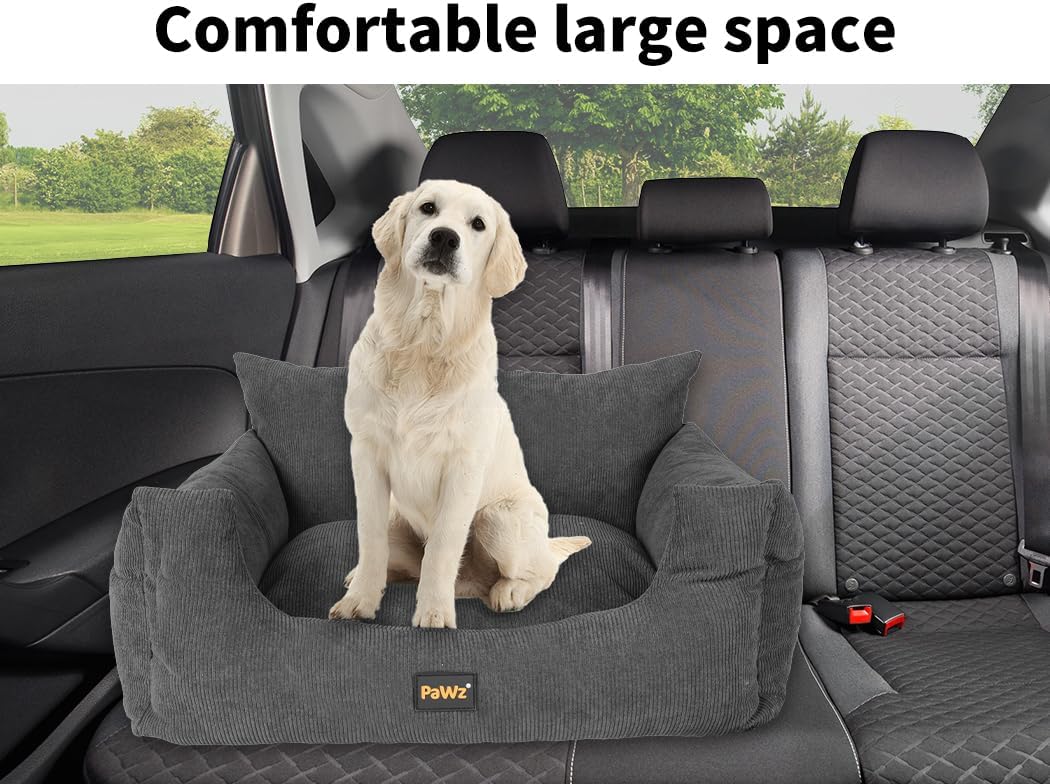 Dog sitting on a gray pet seat in a car with 'Comfortable large space' text above at Pet Servo