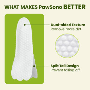 PawSono product with text highlighting dual-sided texture and split tail design on a green background at Pet Servo
