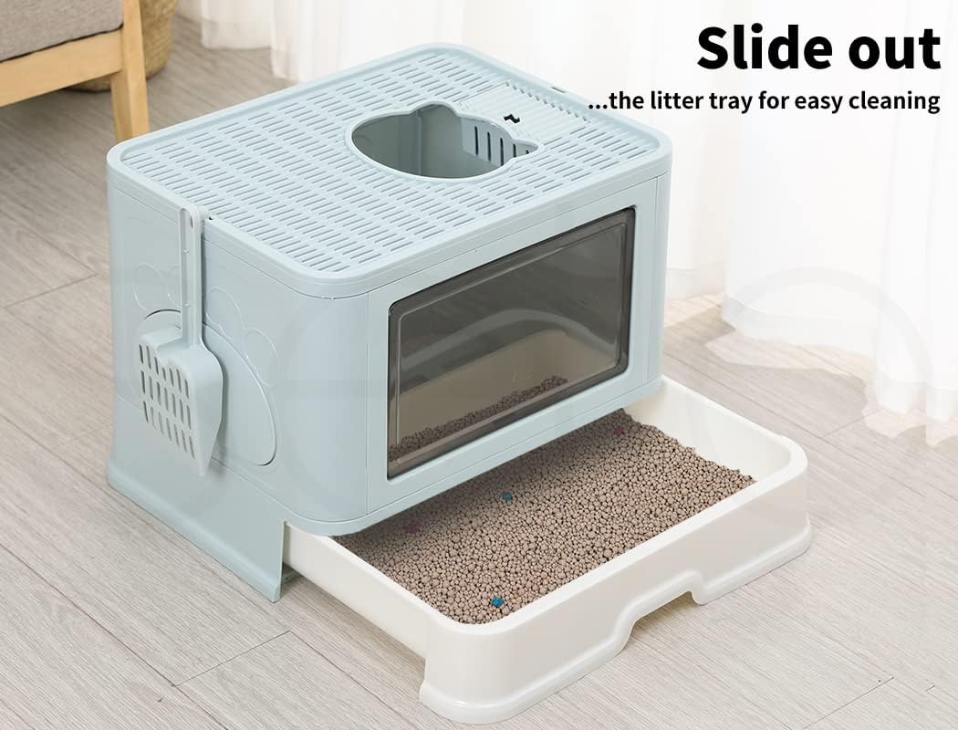 PaWz - Foldable Cat Litter Box Tray Enclosed Kitty Toilet Hood Hair with Separate Entry and Exit Door at Pet Servo