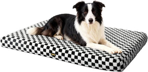 Dog lying on a checkered dog bed with a white background at Pet Servo