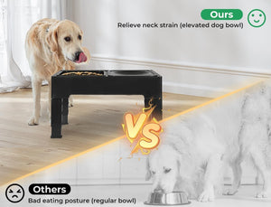 An elevated black dog feeding station shown in a home setting, with a golden retriever standing beside it and a faded white dog at a regular bowl in the background. Text reads 'Ours Relieve neck strain (elevated dog bowl)' and 'Others Bad eating posture (regular bowl)' at Pet Servo