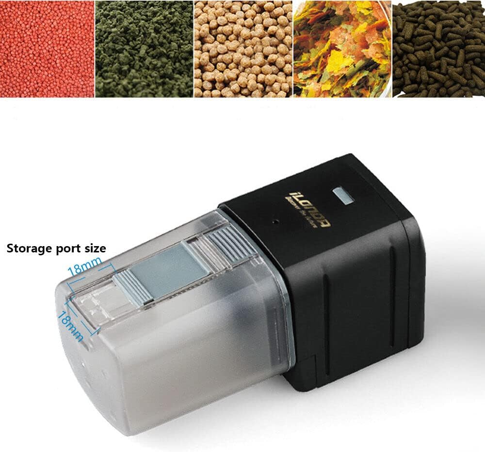 Black and clear storage device with labeled dimensions, surrounded by various types of pet food at Pet Servo