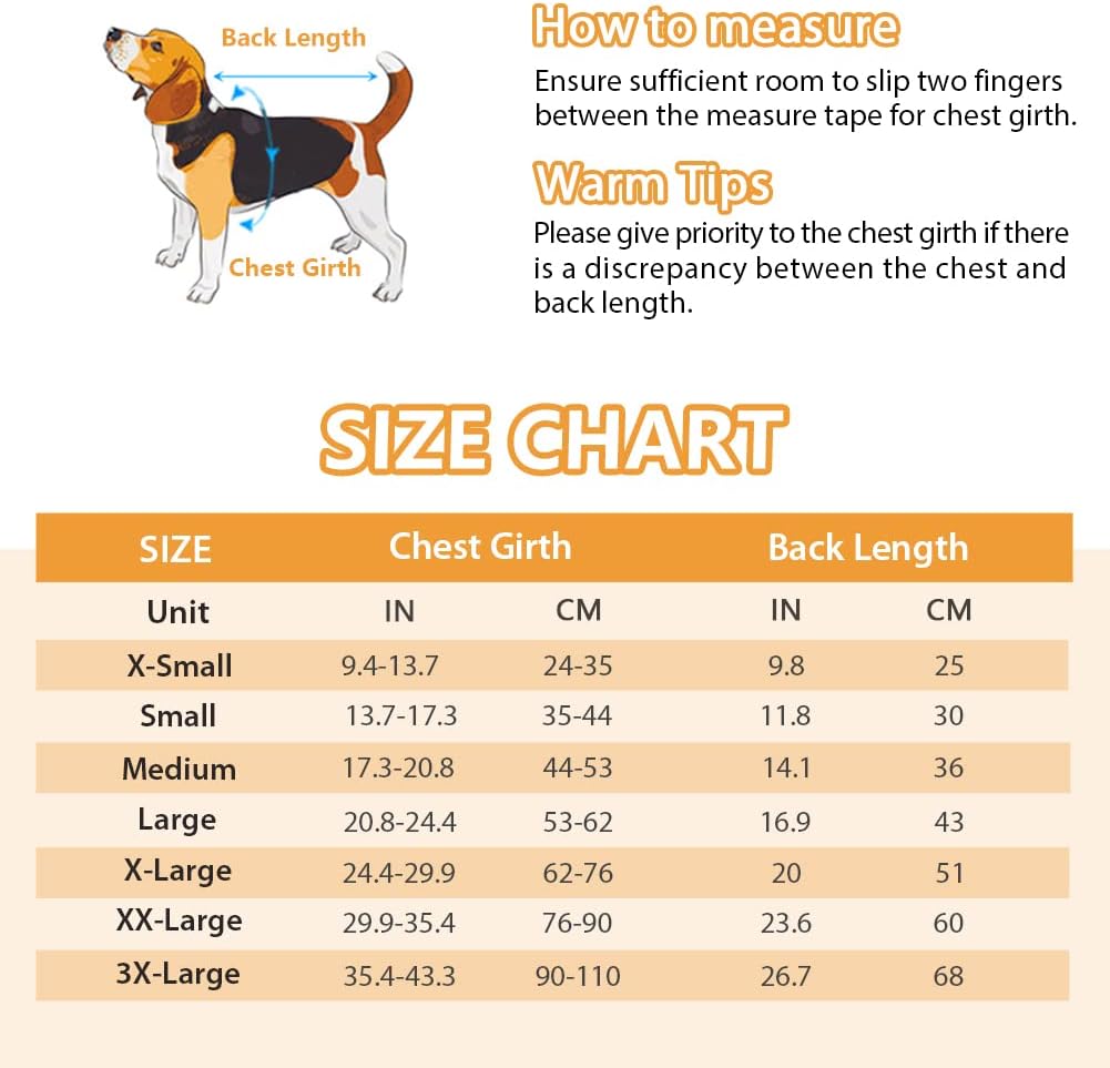 Dog size chart with measurements for chest girth and back length at Pet Servo