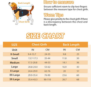 Dog size chart with measurements for chest girth and back length at Pet Servo