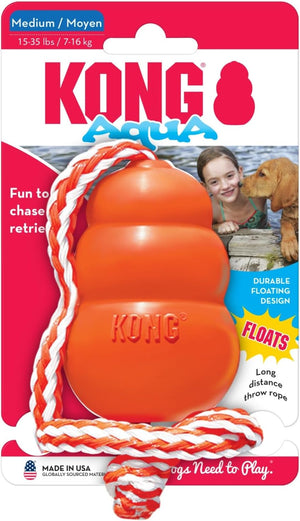 KONG Aqua dog toy packaging with orange toy and text on a red and blue background at Pet Servo