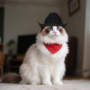 Cat wearing a black cowboy hat and red bandana indoors at Pet Servo