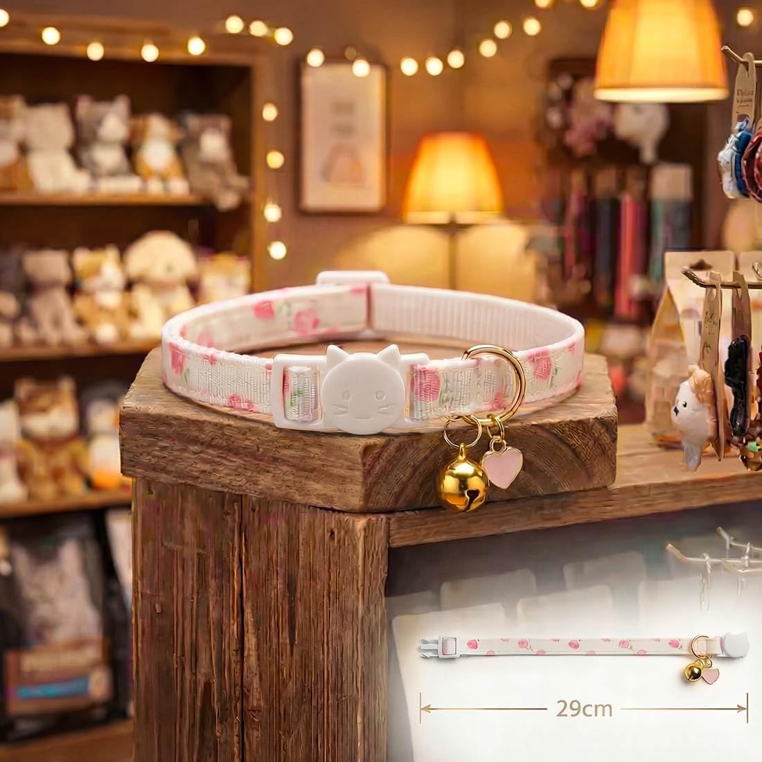 Dog collar with floral pattern on a wooden stand in a store setting at Pet Servo