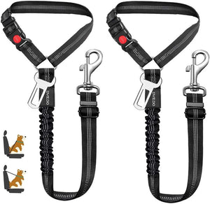 Two black dog seatbelts with carabiners on a white background at Pet Servo