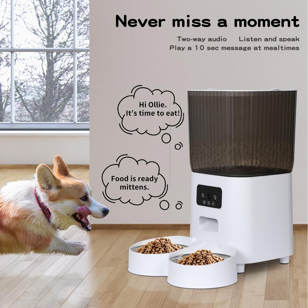 An automatic pet feeder and water dispenser in a bright room, shown with two bowls of kibble on the floor and a corgi dog looking at it. Text on the wall describes two-way audio and feeding reminders at Pet Servo