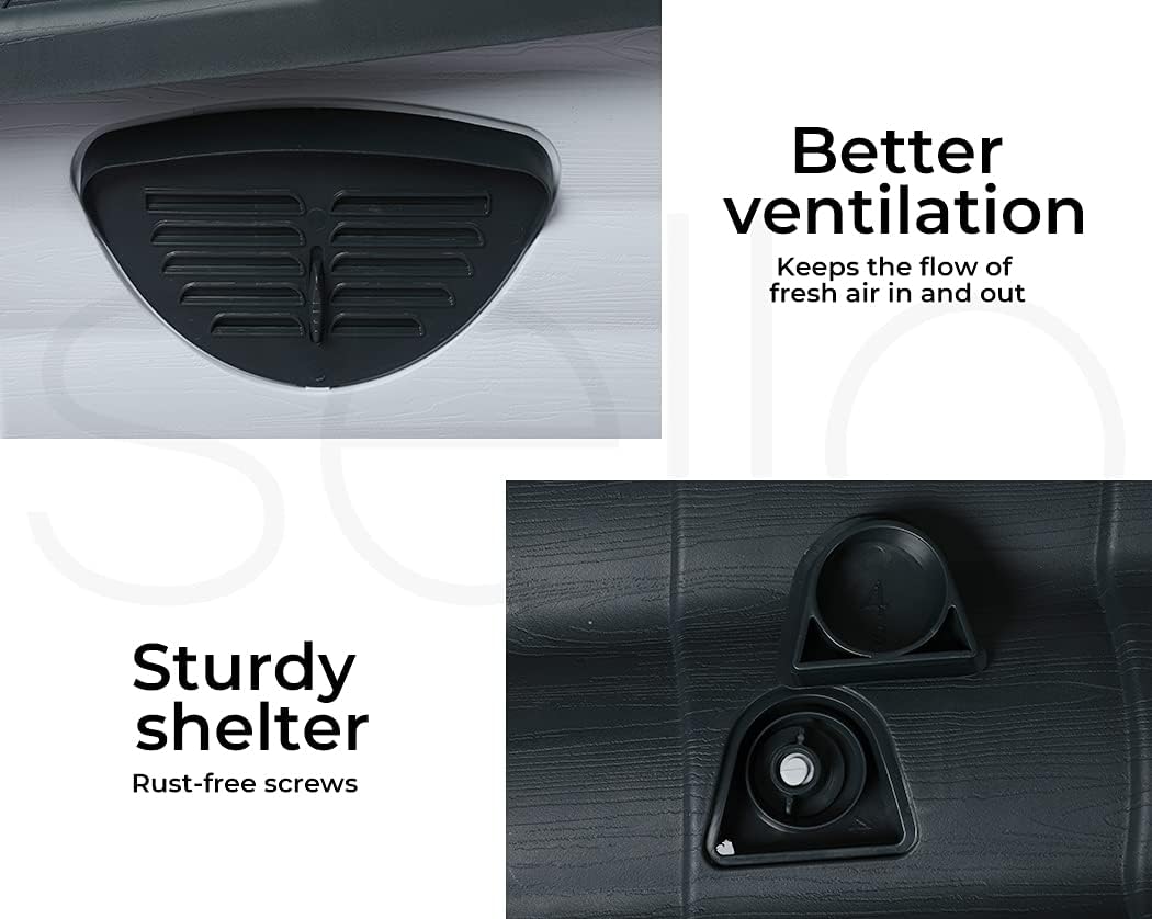 A product feature collage showing a black automotive accessory with two panels: one labeled 'Better ventilation' and 'Sturdy shelter' with 'Rust-free screws.' The top-left panel shows a black vented cover on a light gray surface, and the bottom-right panel shows a close-up of the textured black shelter area at Pet Servo