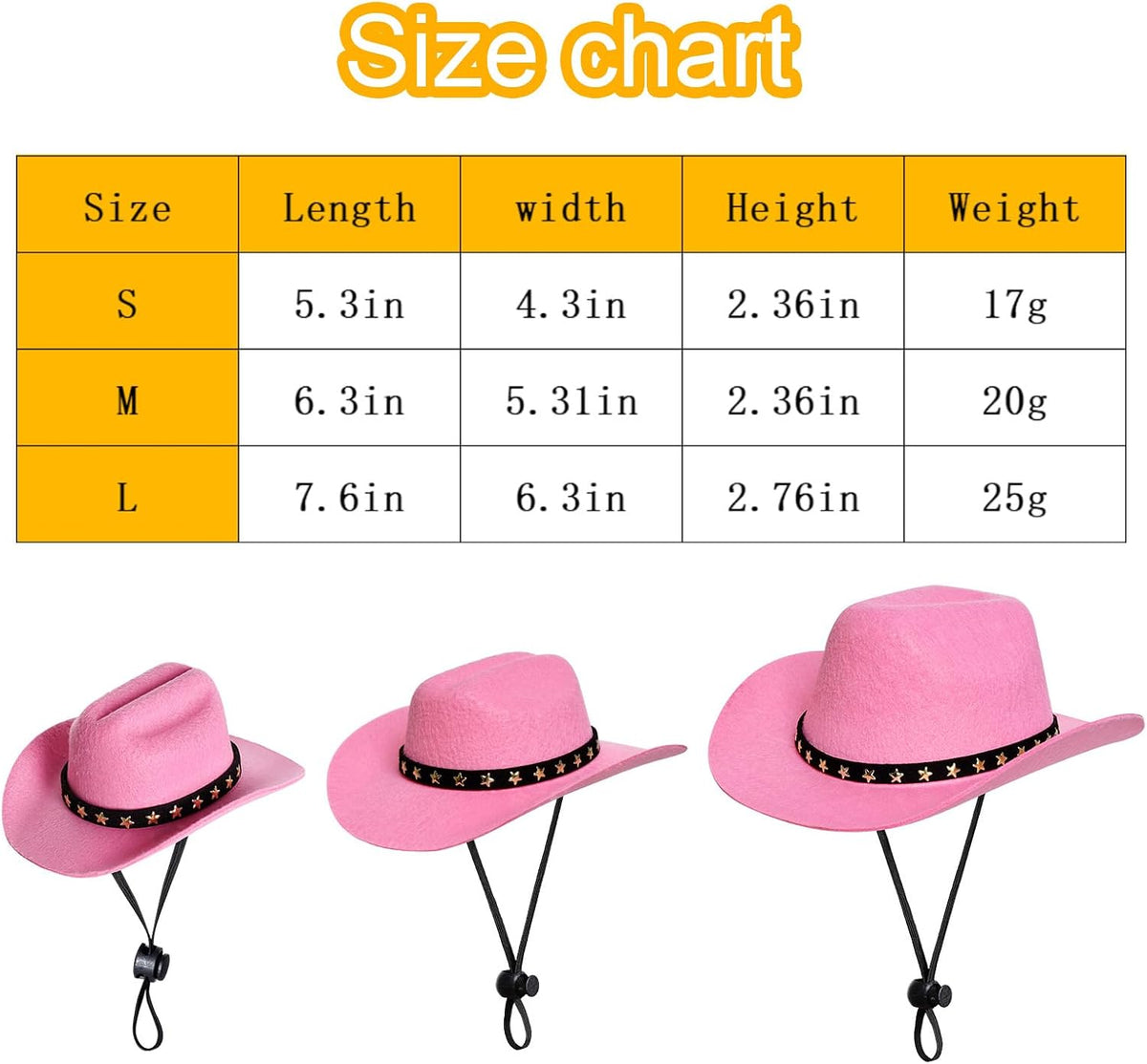 A size chart graphic with a size table for S, M, and L pink cowboy-style hats, plus three small product photos of the hats below. The hats are light pink with black bands and black chin cords, shown on a white background at Pet Servo