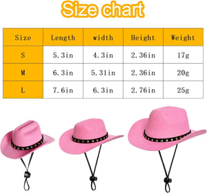 A size chart graphic with a size table for S, M, and L pink cowboy-style hats, plus three small product photos of the hats below. The hats are light pink with black bands and black chin cords, shown on a white background at Pet Servo