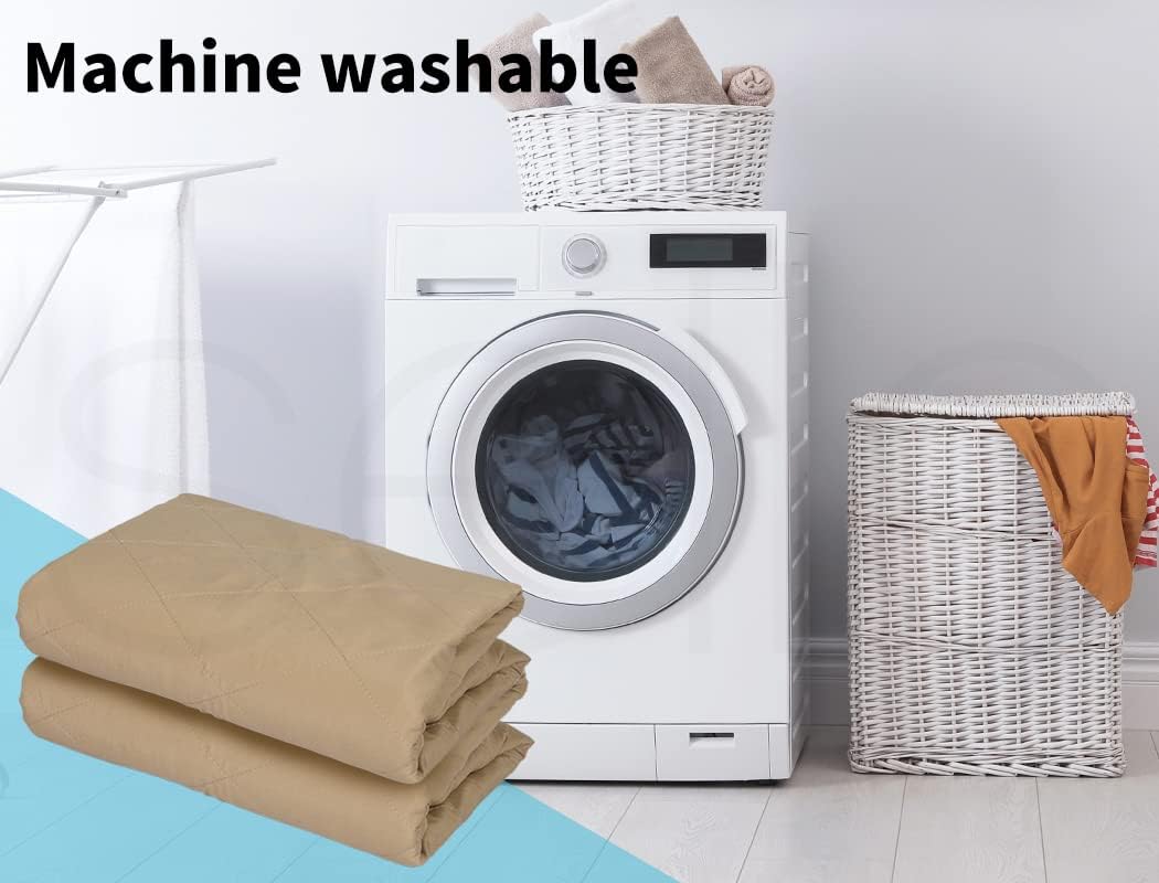 A white front-loading washing machine in a bright laundry room setting, with folded beige towels in the foreground and a wicker basket on top of the machine. The text 'Machine washable' appears in the upper left corner at Pet Servo