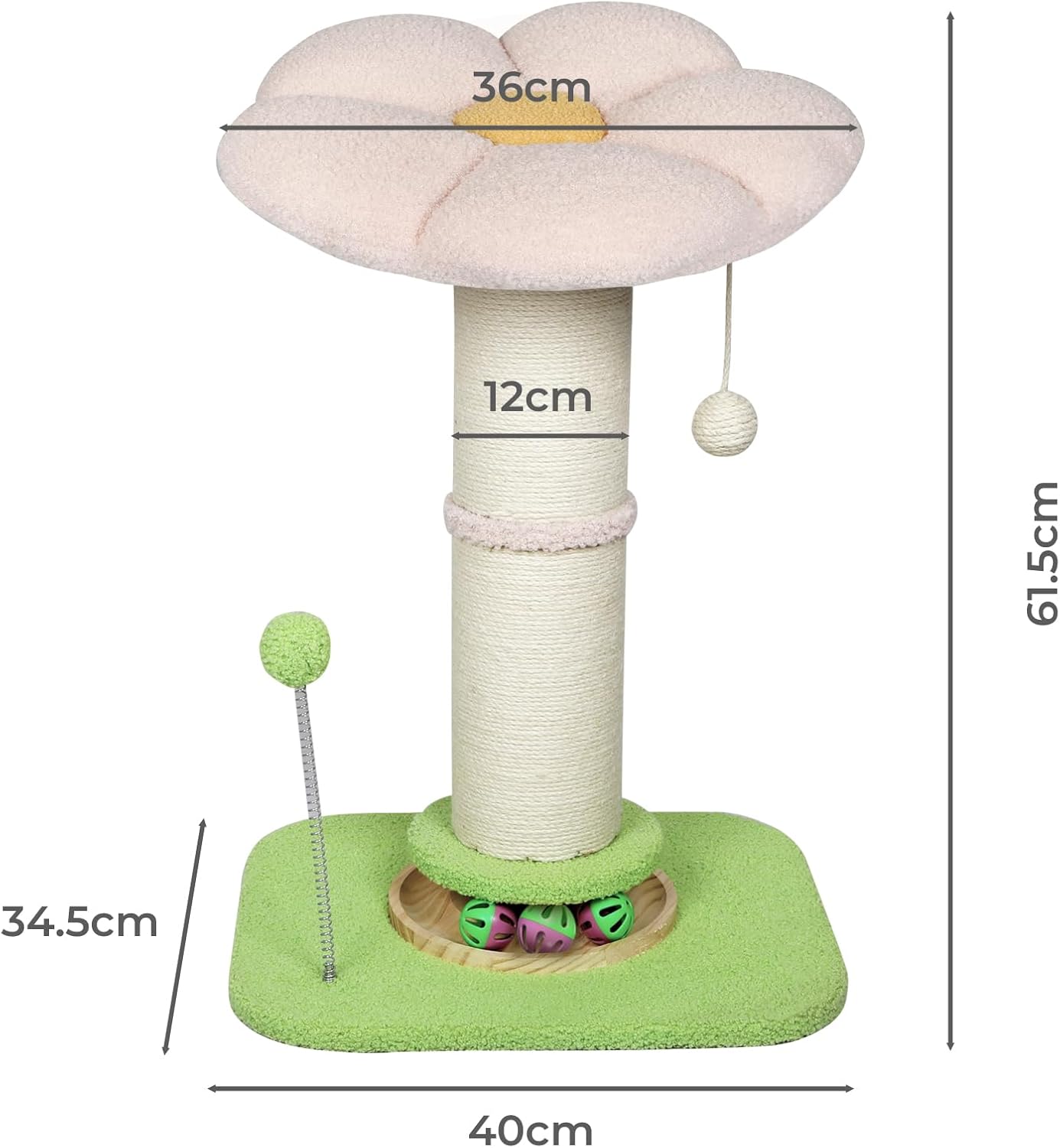 A cat tree with dimension labels showing a cloud-shaped cream top, a wrapped scratching post, a light green base, a dangling ball toy, and a scratching stick, on a white background with measurement lines and text at Pet Servo