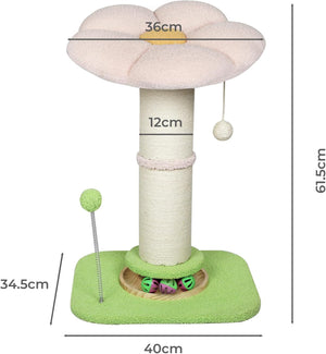 A cat tree with dimension labels showing a cloud-shaped cream top, a wrapped scratching post, a light green base, a dangling ball toy, and a scratching stick, on a white background with measurement lines and text at Pet Servo