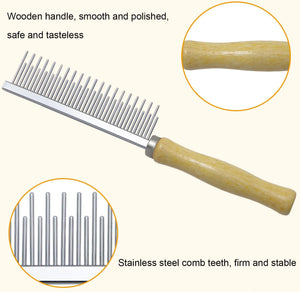 Comb with wooden handle and stainless steel teeth on a white background at Pet Servo