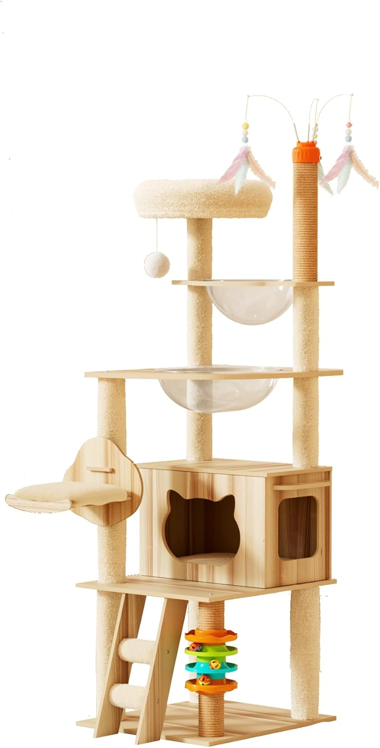 Wooden cat tree with shelves, a hammock, and toys on a white background at Pet Servo