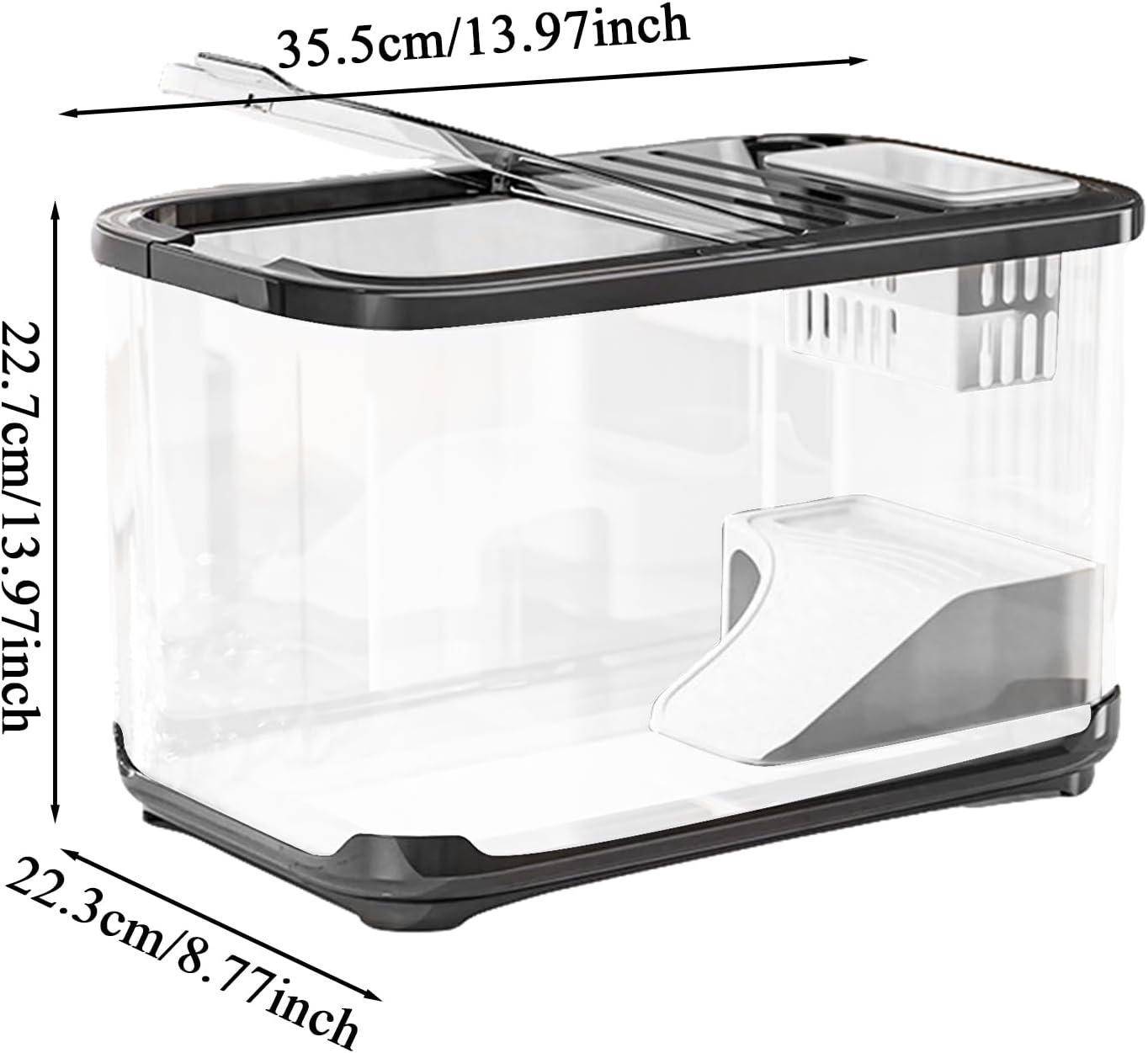 Clear kitchen storage container with dimensions labeled on a white background at Pet Servo
