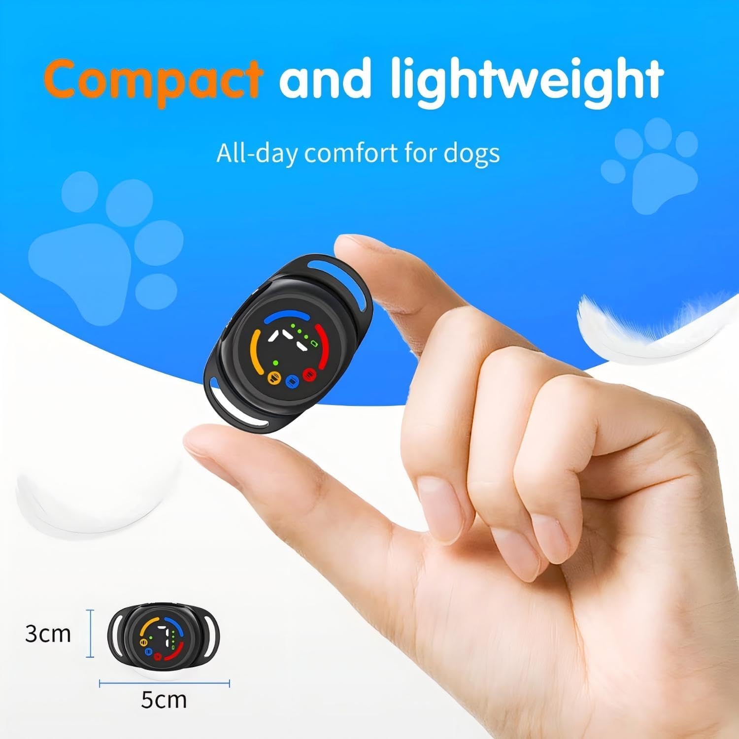 Compact dog GPS tracker held between fingers with blue background and paw prints at Pet Servo
