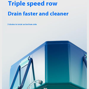 Blue sink with text about triple speed row and faster, cleaner draining at Pet Servo