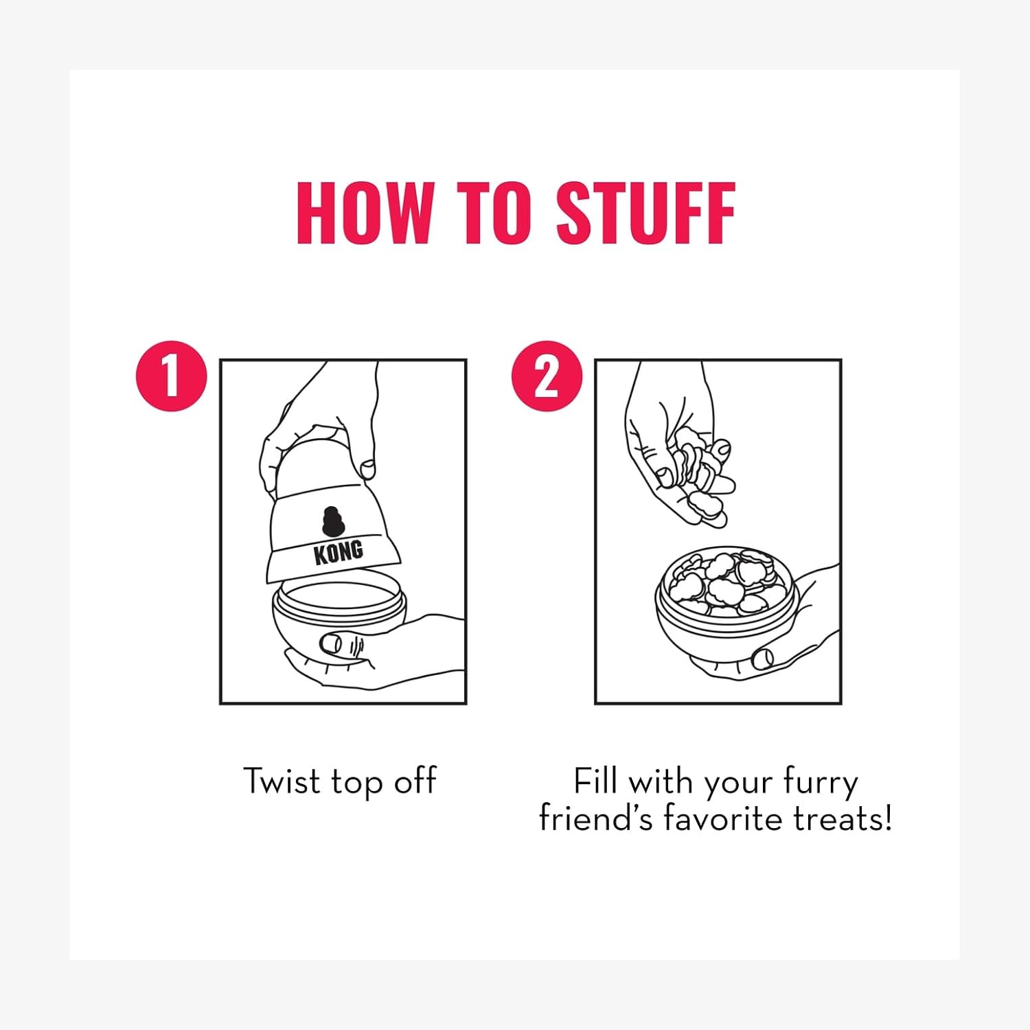 Instructions on how to stuff a KONG product with treats, shown in two steps at Pet Servo
