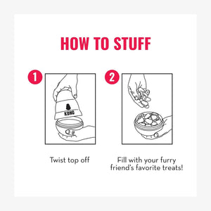 Instructions on how to stuff a KONG product with treats, shown in two steps at Pet Servo