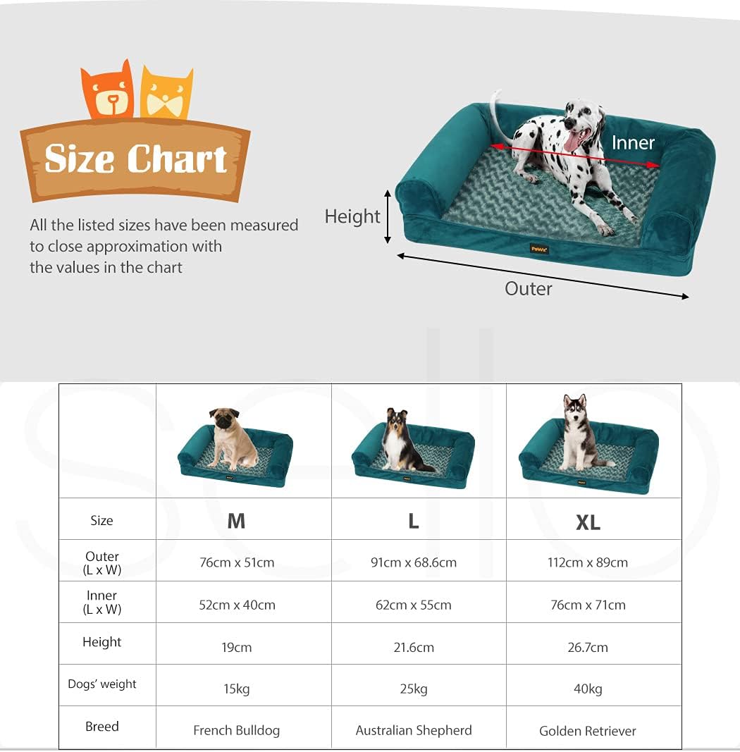 Pet bed size chart with measurements and a dalmatian dog on a teal bed at Pet Servo