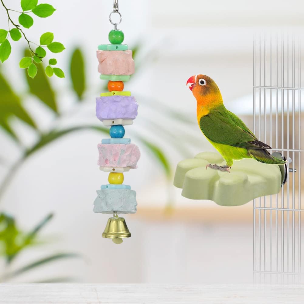 Colorful bird toy with a parrot perched on it, set against a blurred natural background at Pet Servo