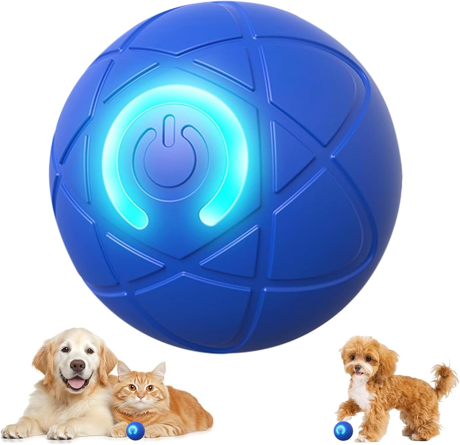 Blue electronic ball with glowing center, surrounded by two dogs and a cat on a white background at Pet Servo