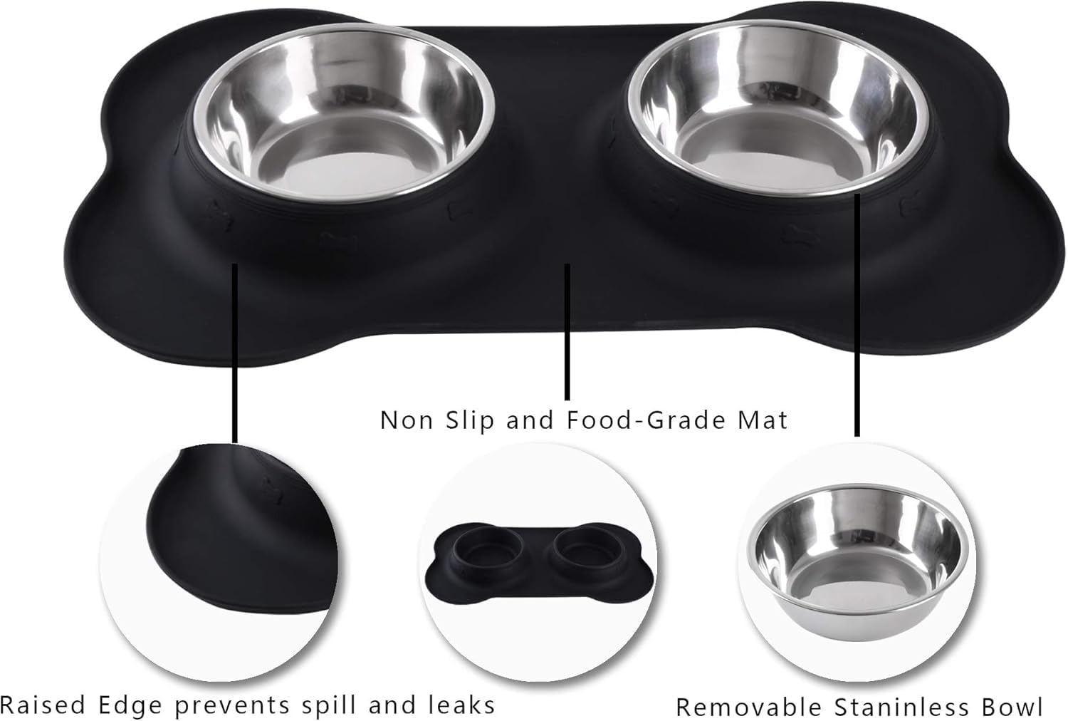 Pet feeding station with two stainless steel bowls on a black mat, featuring non-slip and food-grade material at Pet Servo