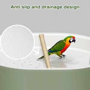 Bird bath with anti-slip and drainage design, featuring a colorful parrot and close-up of the material at Pet Servo