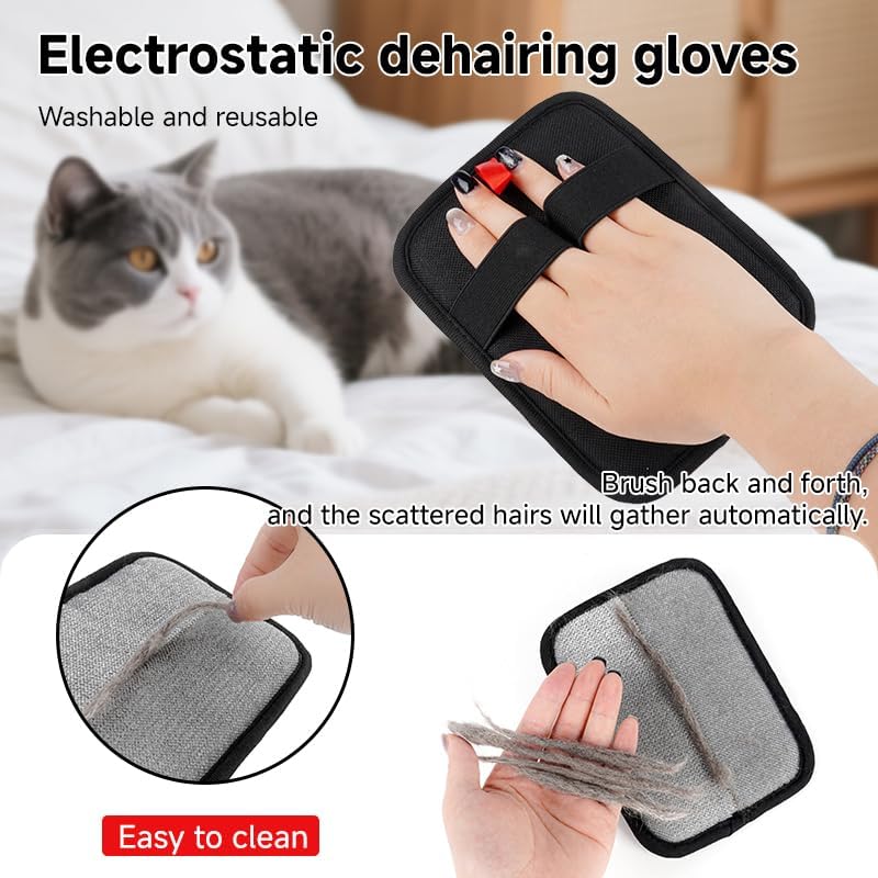 Electrostatic dehairing gloves with a cat in the background, showing their use on a person's hand at Pet Servo