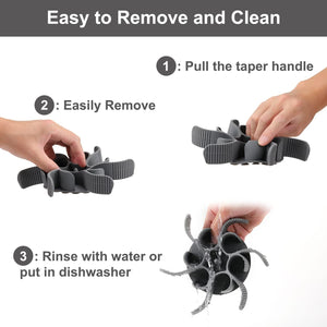 Instructions on how to remove and clean a gray grooming tool with hands demonstrating the process at Pet Servo