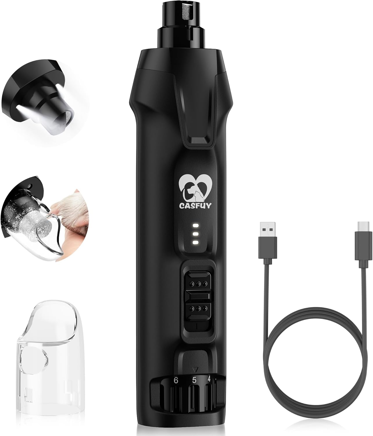 Pet grooming tool with attachments and USB cable on a white background at Pet Servo